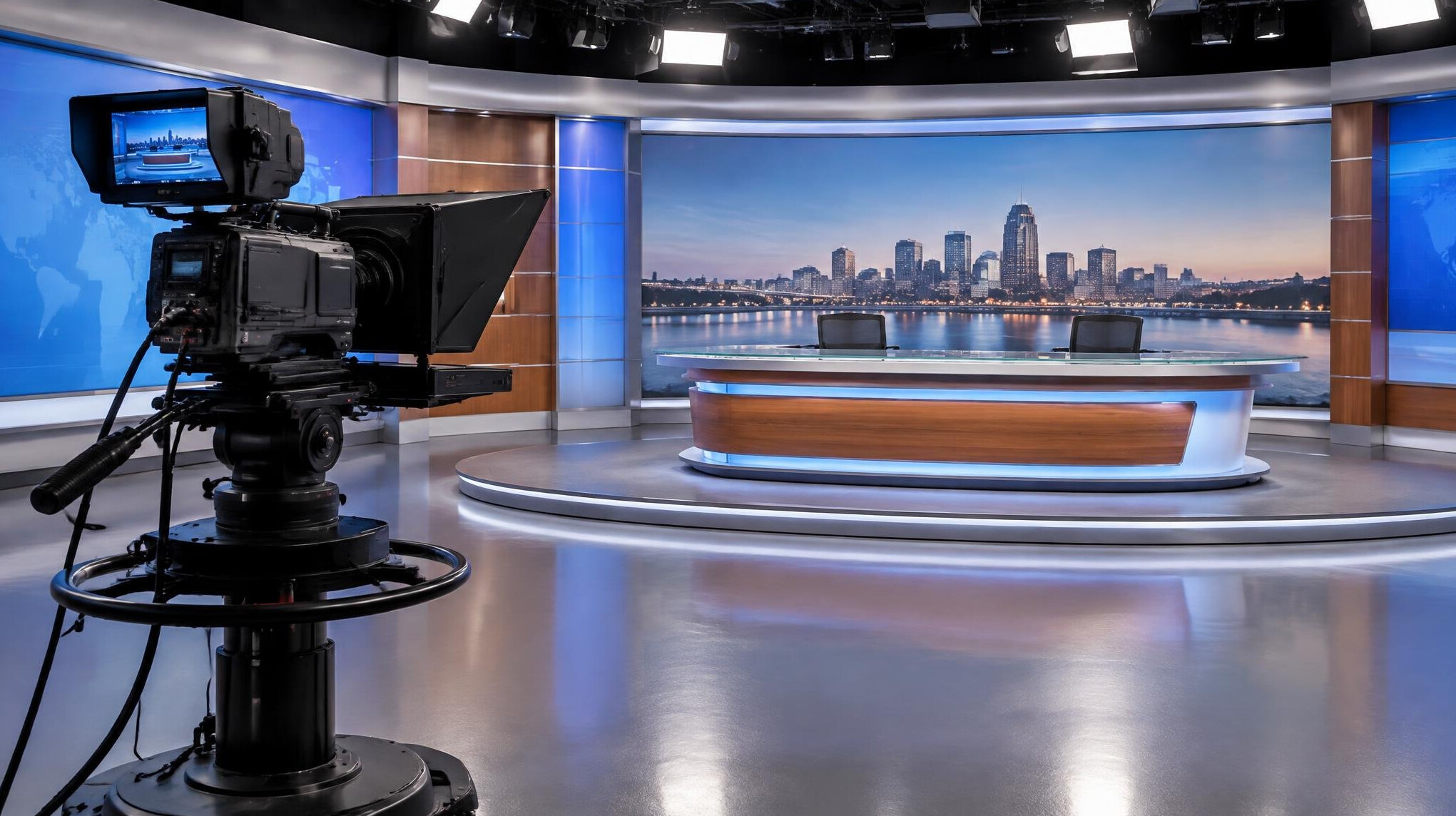 Professional broadcast camera pointed at a studio set