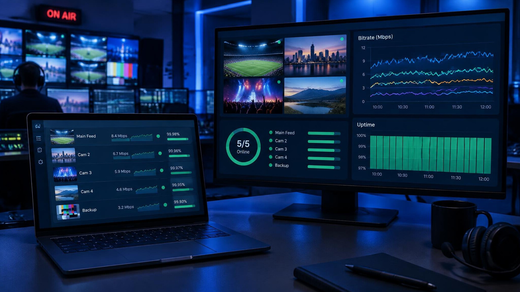 Monitoring dashboard with live signal charts on a screen